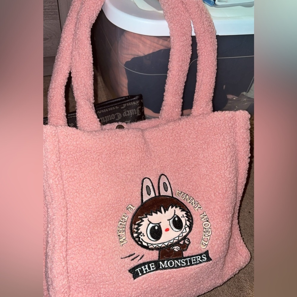 Pink Furry Tote Bag with Labubu Face